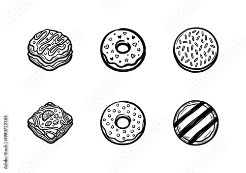 Sweet Glazed Donuts and Breakfast Pastries with Sprinkles and Icing in Hand-Drawn Inky Brushstroke Style