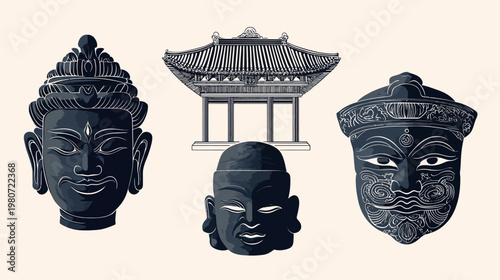 Stylized Illustration featuring ancient masks, a temple structure, and Buddha-like heads in shades of black