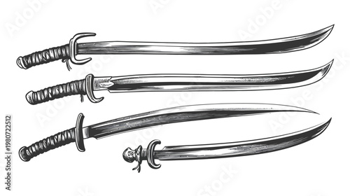 Vintage engraved illustration of several curved bladed weapons with detailed hilt designs