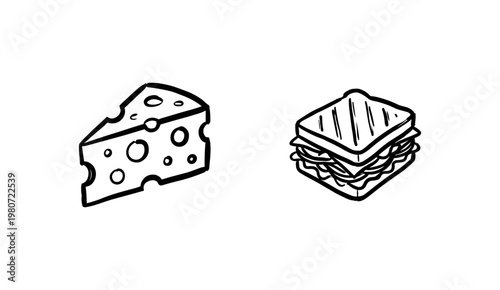 Delicious Food and Gourmet Meal Elements with Hand-Drawn Inky Brush Strokes and Detailed Vintage Cross-Hatching Aesthetic