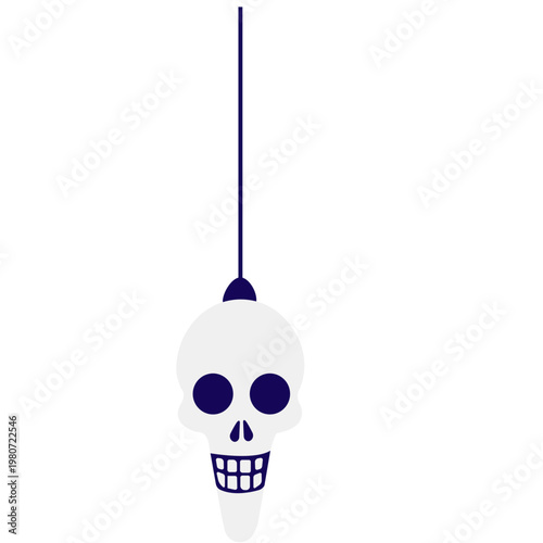 White hanging skull with blue eyes, party decoration, festive event, Halloween celebration.