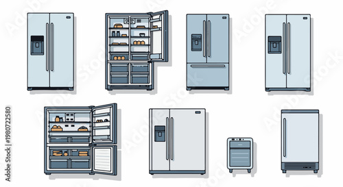 Collection of various refrigerators and freezers, some open