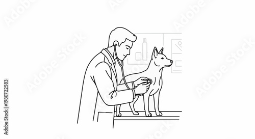 Veterinarian examines a dog with a stethoscope, medical symbols in background