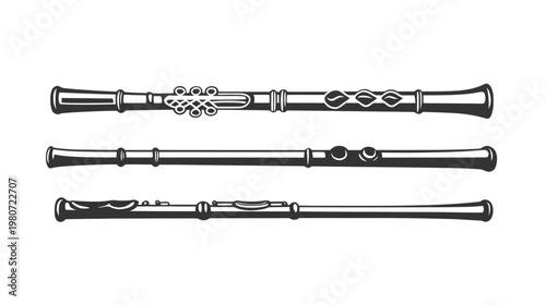 Three stylized wind instruments a flute, and two variations, all depicted in solid black