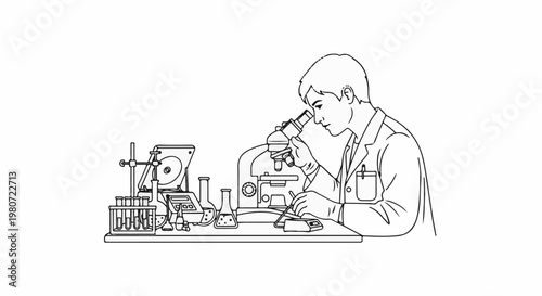 Scientist examining specimen under microscope with lab equipment