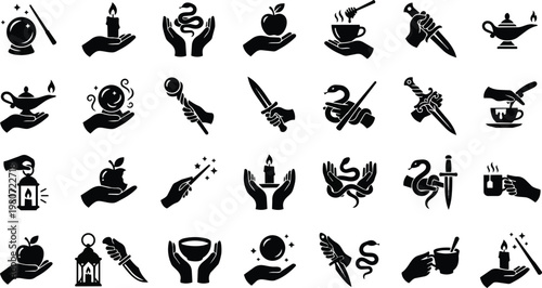 Numerous magical and mysterious symbols are depicted held within human hands.