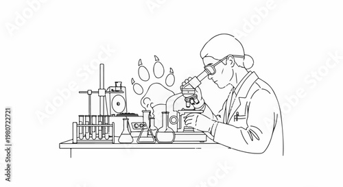 Scientist observes animal paw print under microscope in laboratory