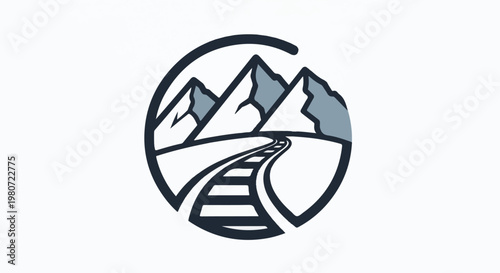 Stylized circular emblem featuring a mountain range with a train track