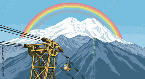 Pixelated rainbow arches over snowy mountains with a cable car system