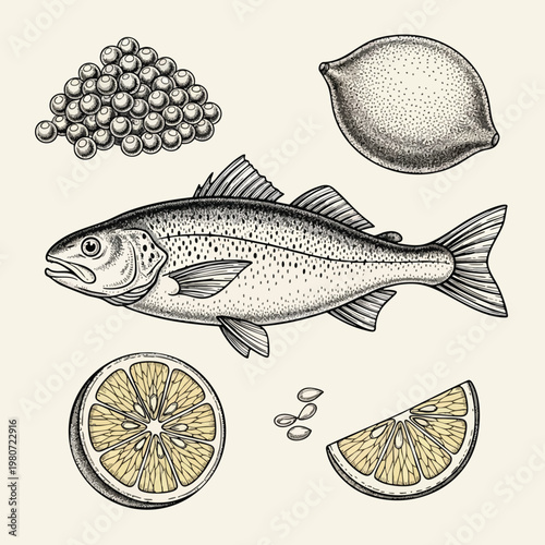 Fresh Fish with Lemon Slices and Fish Eggs Realistic Seafood Illustration
