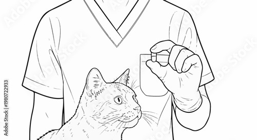 Veterinarian in scrubs holds pill near curious cat's face