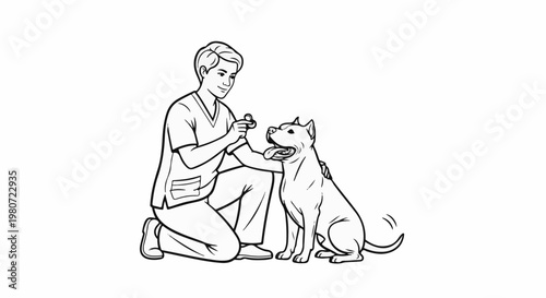 A person in medical scrubs kneels, offering a treat to a happy dog