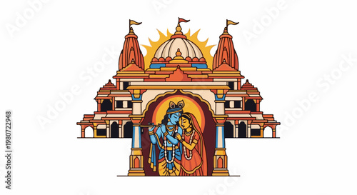 Elaborate temple facade with divine couple playing flute and serenading