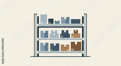 Storage shelves filled with various sized boxes, some marked with fragile symbols