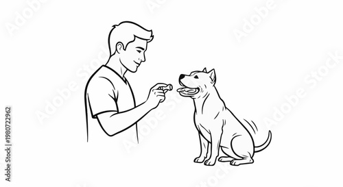 A man offers a treat to a seated dog