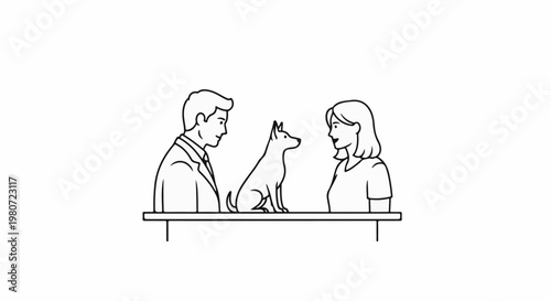 A man and woman look at a dog sitting on a table