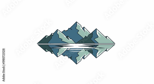 Stylized mountains reflected in calm water, creating symmetry