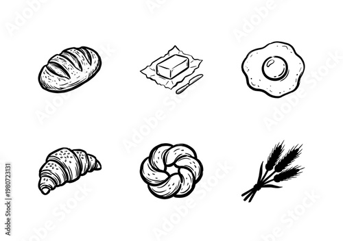 Organic Bakery Products and Breakfast Ingredients with Hand-Drawn Inky Brushwork and Artistic Painterly Strokes