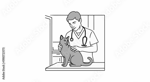 A veterinarian gently examines a gray cat in a clinic examination room