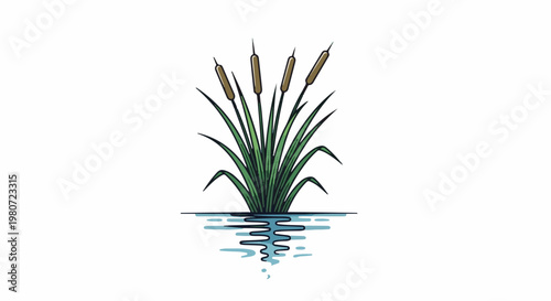 A drawing of cattails emerging from calm blue water with reflections