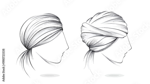 Side profile illustrations showing elegant head wraps, hairstyles; a ponytail and turban with graceful lines