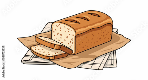 A loaf of bread and two slices rest on paper and cloth