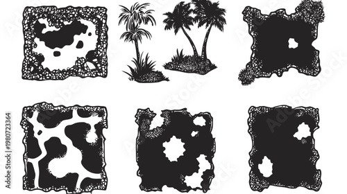 Six contrasting black and white illustrations trees, palm trees, and organic patterns on white