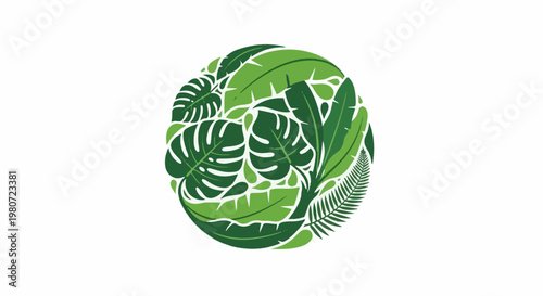 Diverse green leaves artfully arranged in a circular pattern