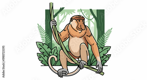 Cartoon proboscis monkey in a lush green jungle, holding a vine