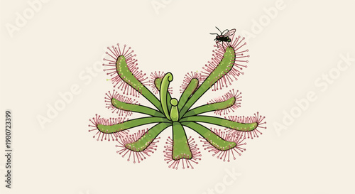 Close-up illustration of a green sundew plant with red tentacles and a fly on one leaf
