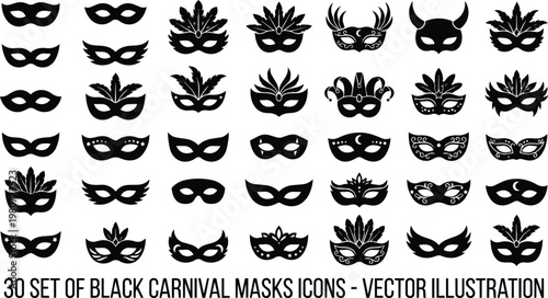 Collection of thirty diverse black carnival masks are arranged in a grid pattern, each unique.