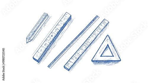 Blue sketch of rulers and a triangle on a white background, useful for architecture and design