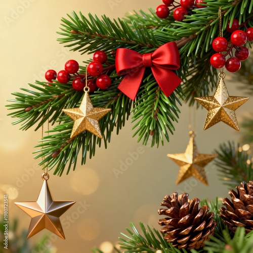 Golden Star Ornaments on Green Christmas Tree Branch