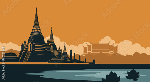 Pixelated silhouette of ancient Asian temple structures over a tranquil water body