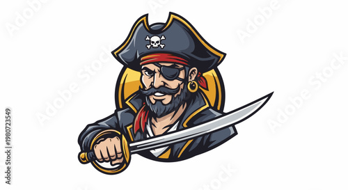 Bearded pirate with eye patch, bandana, and sword, stylized