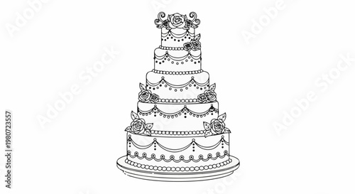 Elaborate five-tier cake with floral decorations and beaded trim
