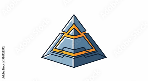 Stylized geometric pyramid with blue, gray, and orange metallic panels
