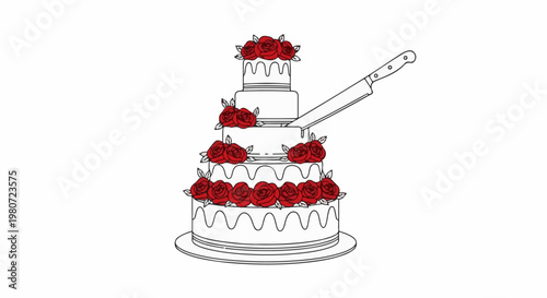 Elegant tiered cake adorned with red roses, cut by a silver knife