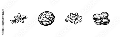 Baking Spices and Organic Nut Varieties with Fluid Ink Brush Strokes and Hand-Drawn Painterly Aesthetic