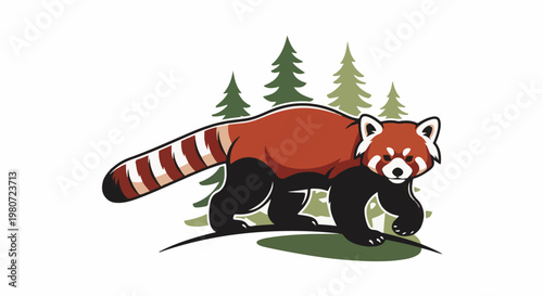 Cartoon red panda walking in a forest with pine trees