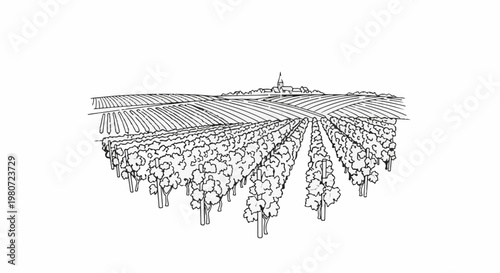 Stylized line drawing of rolling hills covered in neat rows of vineyards leading to a village