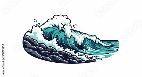 Stylized pixel art depicts a powerful ocean wave crashing against rocky shore