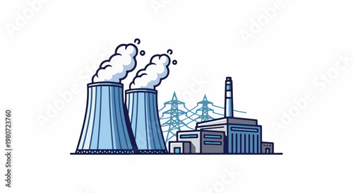 Stylized illustration of a power plant with cooling towers and electrical towers
