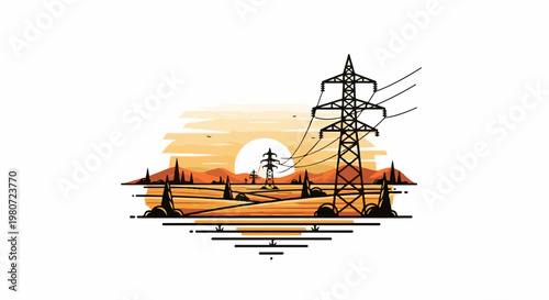 A stylized landscape at sunset features a large power tower and transmission lines