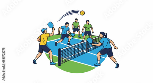 Five people play pickleball on a blue and green court, with a ball in the air