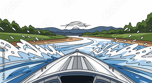 A boat speeds through a river, creating waves amidst scenic green shores