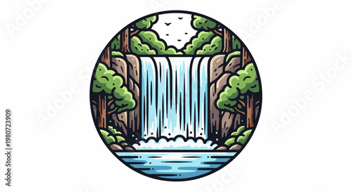 Lush forest surrounds a cascading waterfall into a serene pool