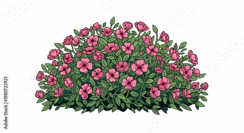 Lush green bush adorned with abundant pink blossoms and buds