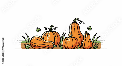 A row of orange pumpkins and gourds sits on a grassy patch