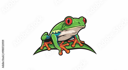 Bright green amphibian with striking red eyes sits on a green leaf